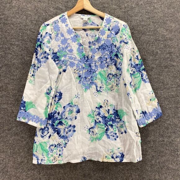 Charter Club Tops - Charter Club Blouse Women M Medium White Floral V-Neck 3/4 Sleeve Linen Casual